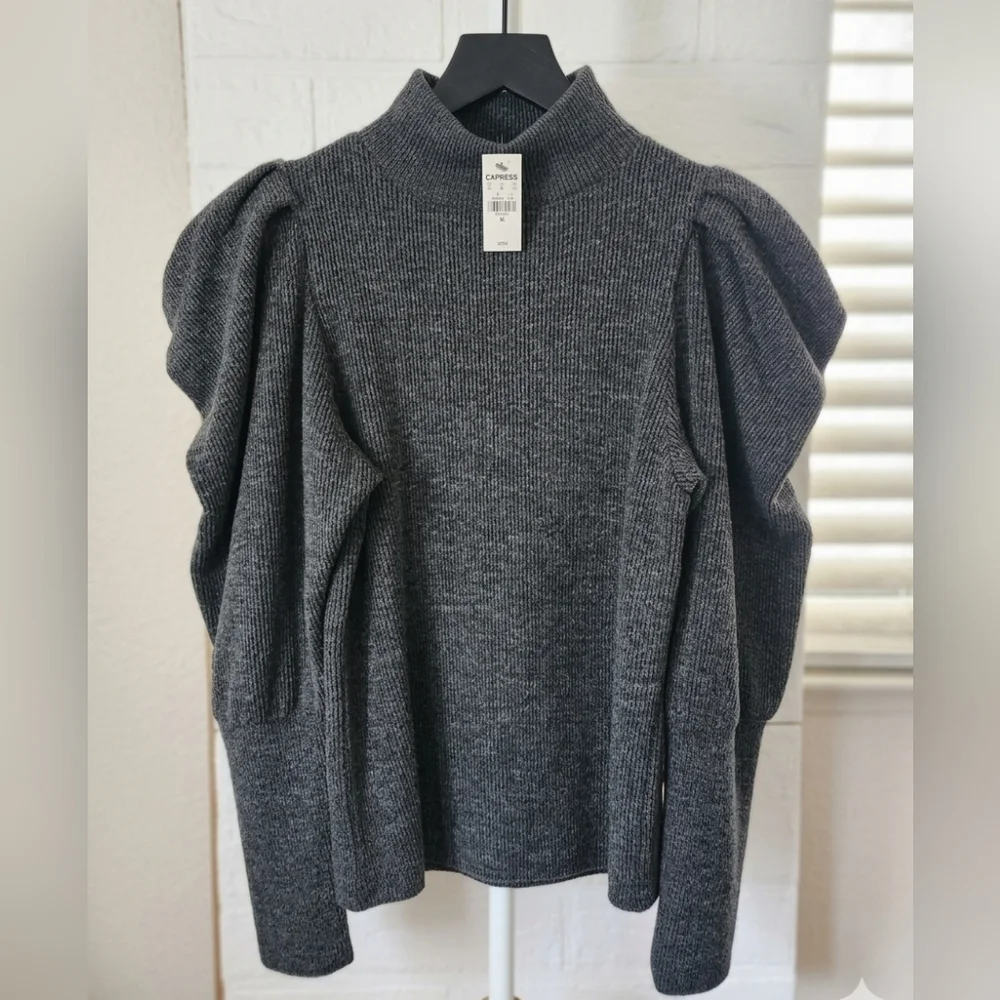 NWT Express Mock-Neck Gigot Sleeve Top - Heather Grey - XS - Sophisticated